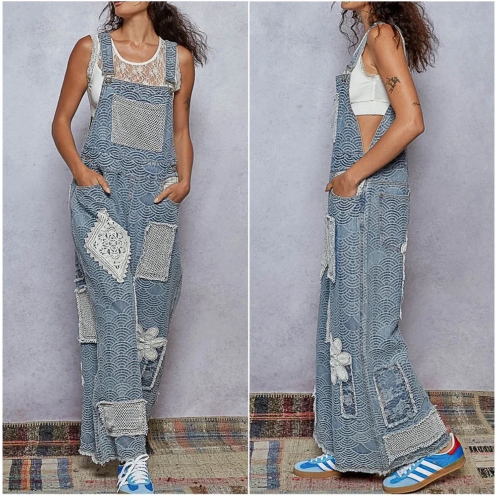 POL Boho Light Wash Crochet Floral Patch Wide Leg Denim Overalls Jumpsuit S M L - Picture 2 of 3